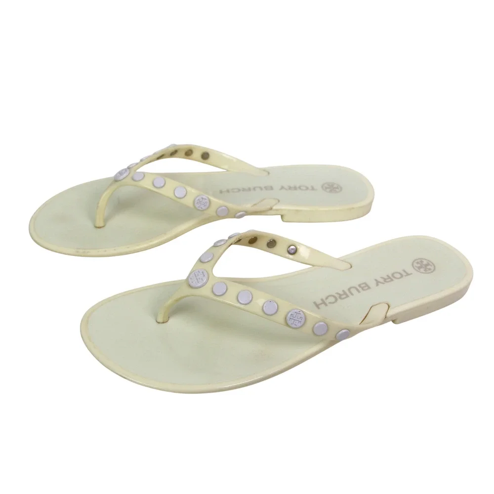 Tory Burch OF WHITE PVC FLAT BEACH SHOES FLIP FLOPS TONG SANDALS Sz 8